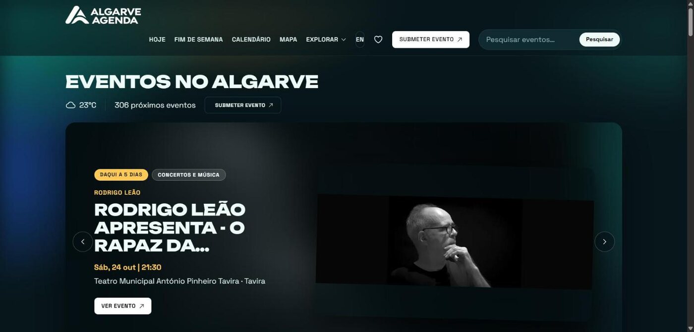 Algarve Agenda, página inicial da agenda de eventos