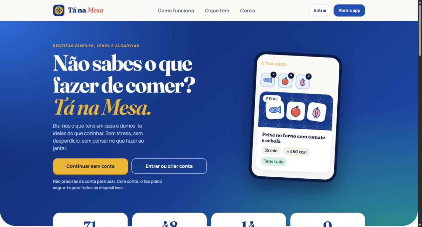 Tá na Mesa, página inicial da aplicação de receitas